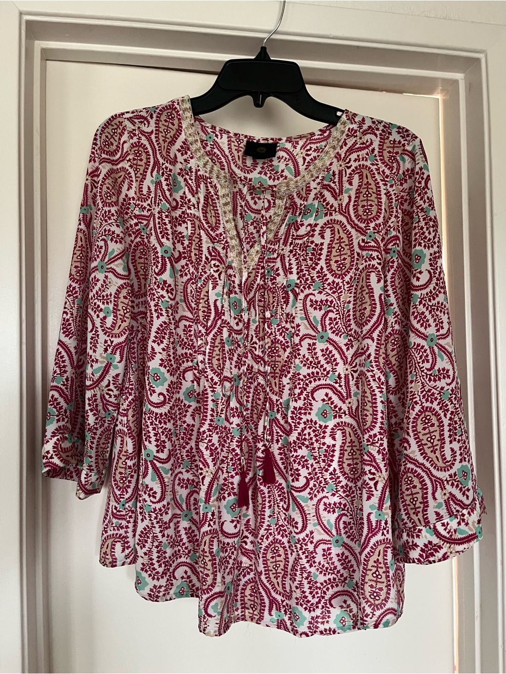 JM Collection Pink & Aqua Paisley Tie-Front Tunic
